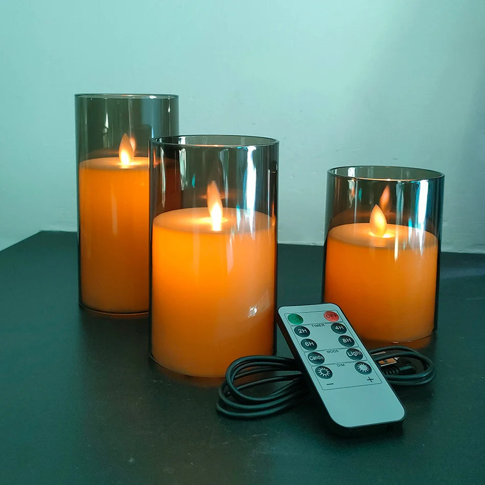 USB Rechargeable LED Candle Light 3pcs/set,Moving Wick Remote controlled,Christmas Candles,New Year Party Light,Home Decor.