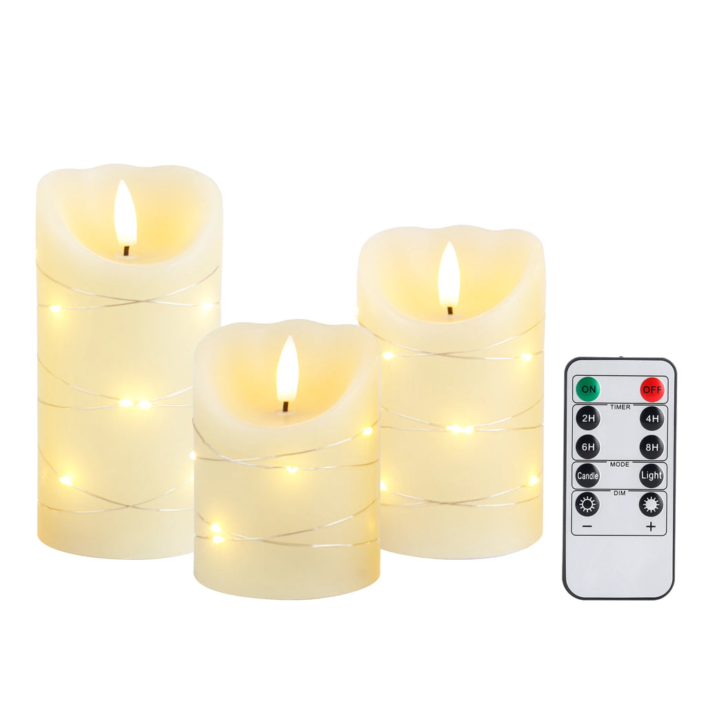 Set of 3 Flickering Flameless Candles Electric with Embedded String Lights,LED Candles for Home Decorations, with Remote & Timer
