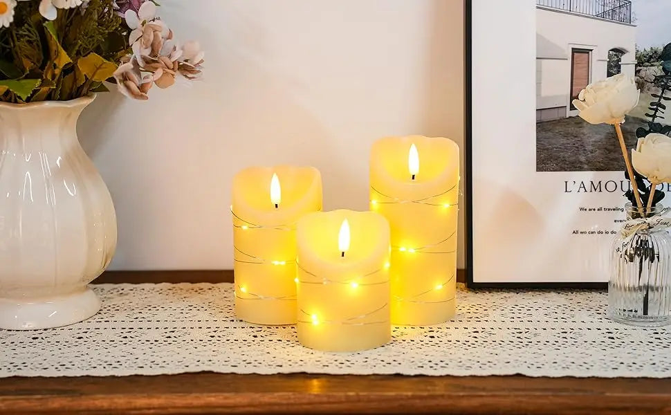 Set of 3 Flickering Flameless Candles Electric with Embedded String Lights,LED Candles for Home Decorations, with Remote & Timer