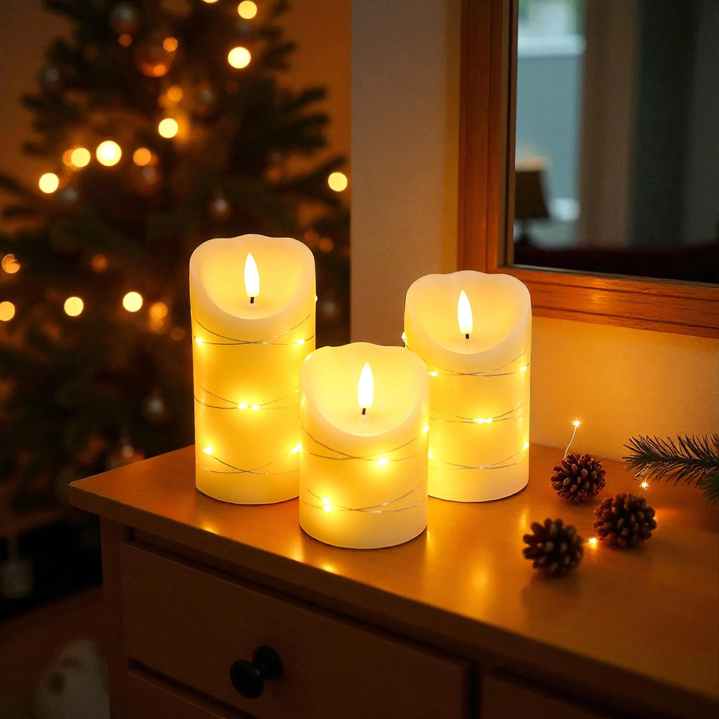 Set of 3 Flickering Flameless Candles Electric with Embedded String Lights,LED Candles for Home Decorations, with Remote & Timer