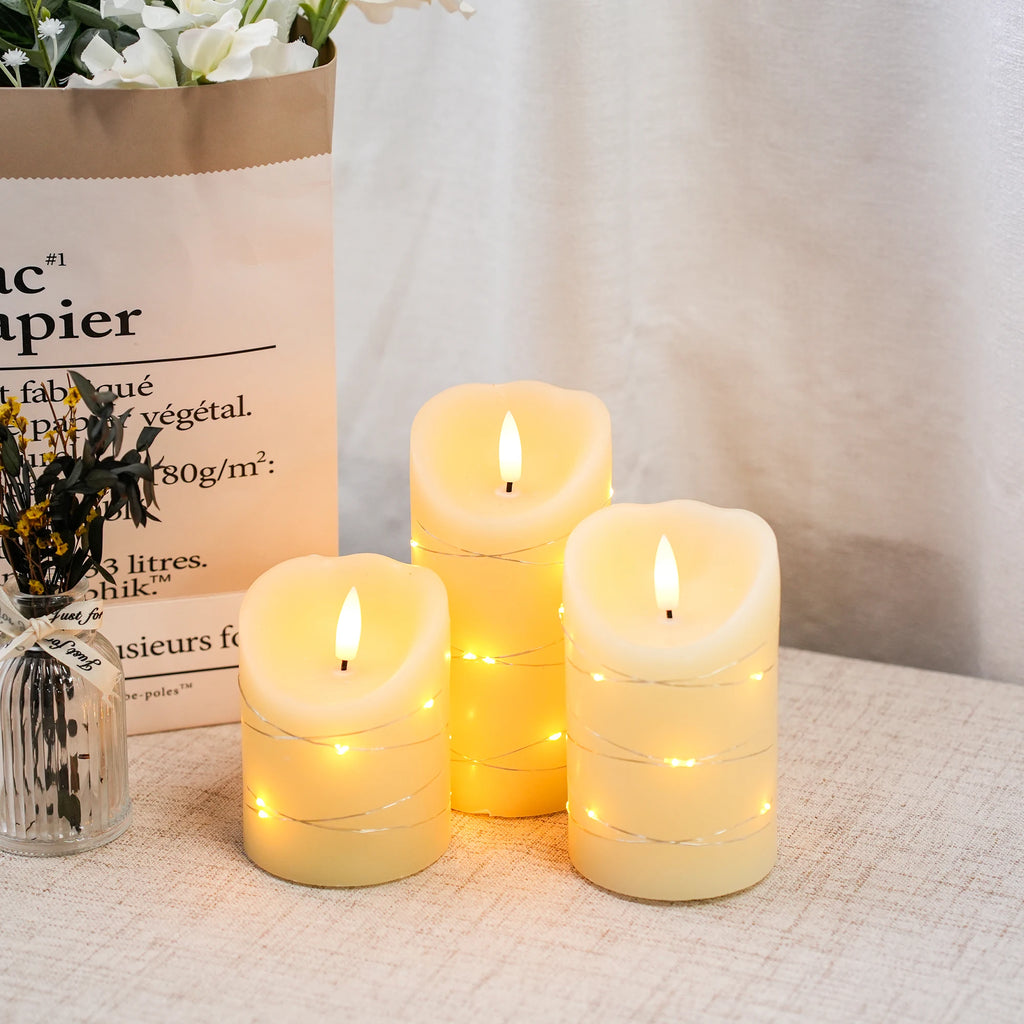 Set of 3 Flickering Flameless Candles Electric with Embedded String Lights,LED Candles for Home Decorations, with Remote & Timer