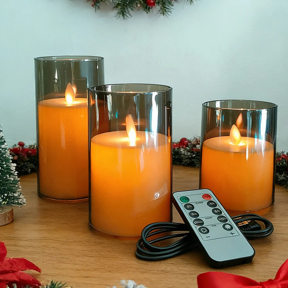 USB Rechargeable LED Candle Light 3pcs/set,Moving Wick Remote controlled,Christmas Candles,New Year Party Light,Home Decor.