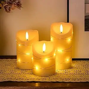 Set of 3 Flickering Flameless Candles Electric with Embedded String Lights,LED Candles for Home Decorations, with Remote & Timer