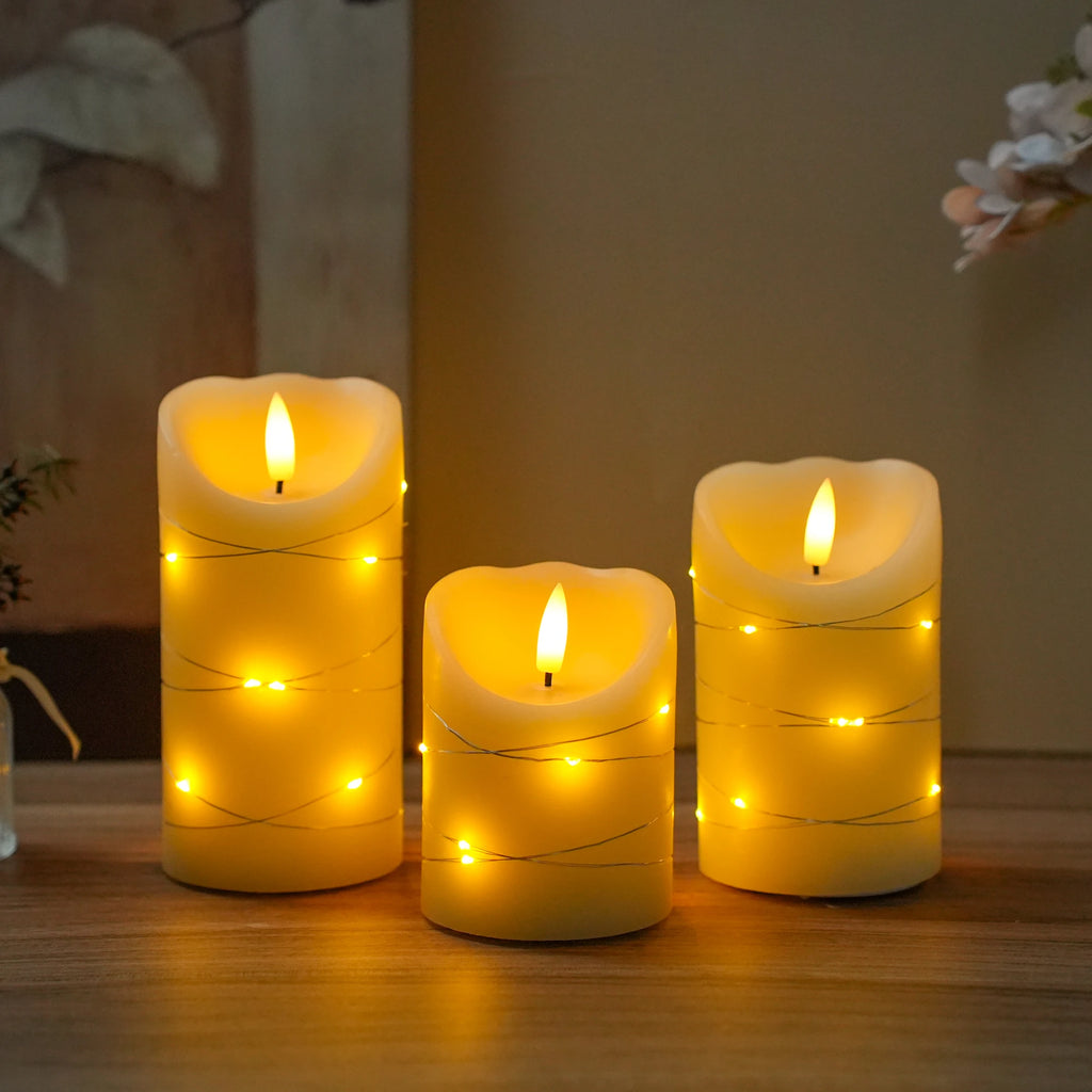 Set of 3 Flickering Flameless Candles Electric with Embedded String Lights,LED Candles for Home Decorations, with Remote & Timer