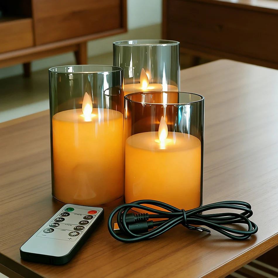 USB Rechargeable LED Candle Light 3pcs/set,Moving Wick Remote controlled,Christmas Candles,New Year Party Light,Home Decor.