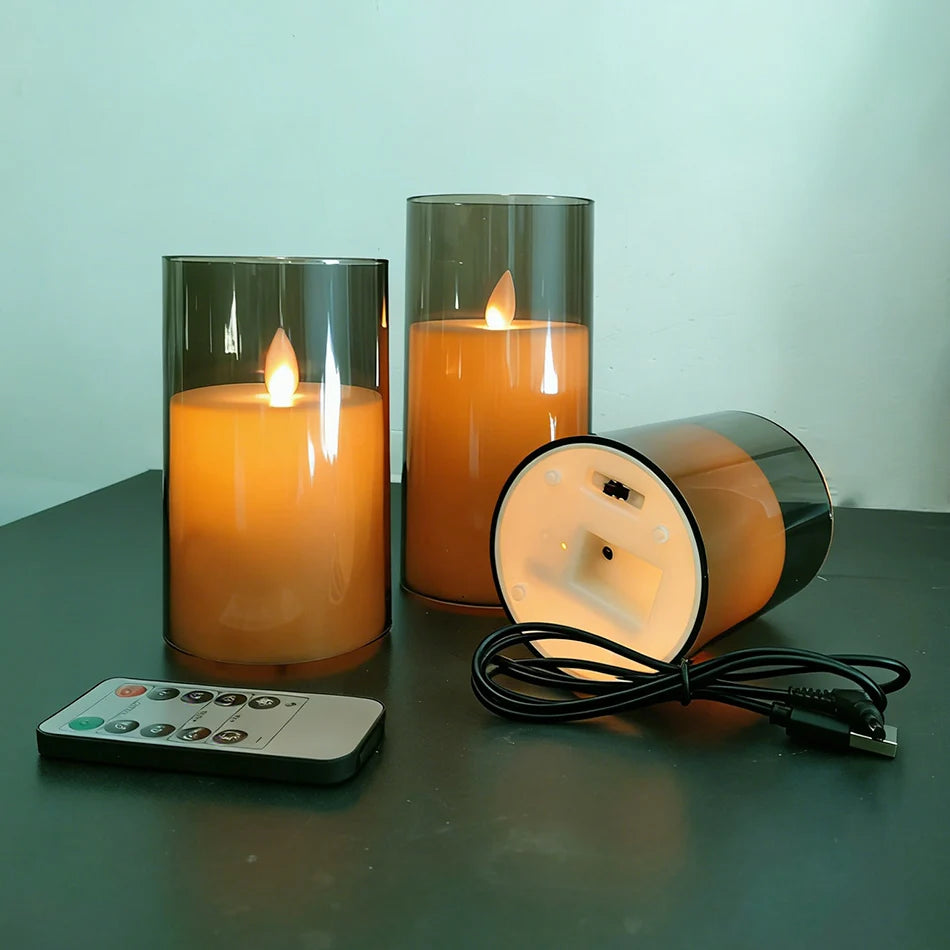 USB Rechargeable LED Candle Light 3pcs/set,Moving Wick Remote controlled,Christmas Candles,New Year Party Light,Home Decor.
