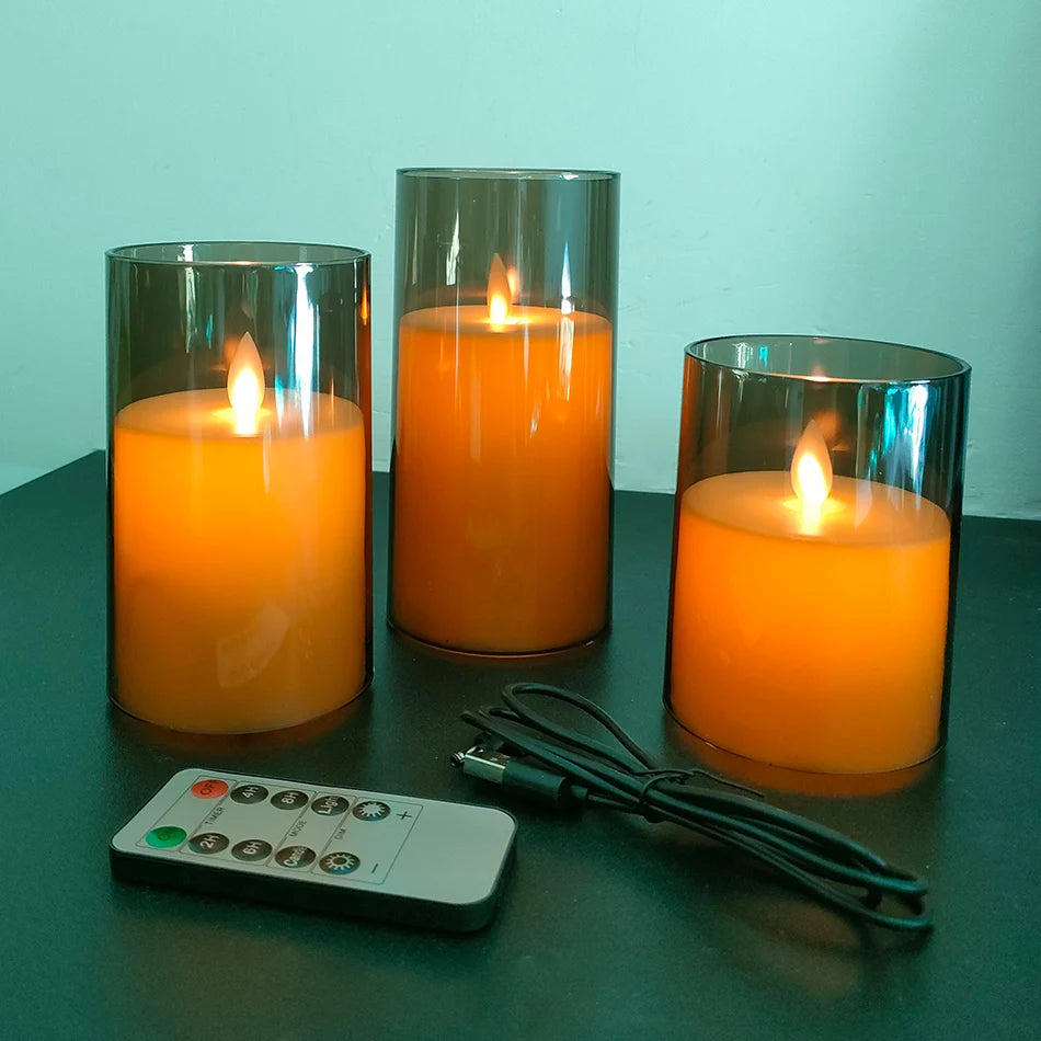USB Rechargeable LED Candle Light 3pcs/set,Moving Wick Remote controlled,Christmas Candles,New Year Party Light,Home Decor.